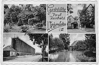 Die Mühle als Teil einer historischen Ansichtskarte aus Bad Westernkotten (unten rechts) Die anderen Bilder zeigen: Teil des Kurparks, Gaststätte, Gradierwerk (u.l.)