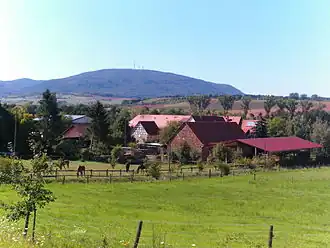 Blick von der Zellertalbahn vorbei am Münsterhof bei Dreisen nordwestwärts zum Donnersberg