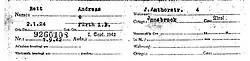 NSDAP-Mitgliedskarte, per Schreibmaschine ausgefüllt. Name: Rett, Andreas / Geb-Datum: 2.1.24 Geb-Ort: Fürth i. B. / Nr.: 9266108 Aufn.: 1. Sept. 1942 / Wohnung: J. Amthorstr. 4 / Ortsgr.: Innsbruck / Gau:Tirol