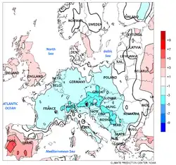 Charakteristische Eisheilige im Zentraleuropa Temperaturanomalie (Abweichung vom langjährigen Mittel) 11.–17. Mai: ﻿bis 5 °C zu kalt (Höhenlagen der Alpen und mittlerer Donauraum)