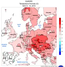 Temperaturabweichung 9.–15.: Verstärkung des Warmlufteintrags auf den Balkan an der Vorderseite der Italientiefs
