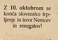 Aufkleber: „Am 10. Oktober werden das Leid und der Terror der Deutschen und Abtrünnigen in Slowenien ein Ende haben!“