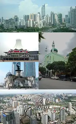 Von oben im Uhrzeigersinn: Nannings Skyline (2008), Nanning Moschee (2014), Panorama von Diwang ICC, Skulpturen am Minzu Dadao, Nanning International Convention and Exhibition Center