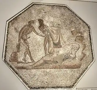 Mosaik mit zwei Satyren, die eine schlafende Nymphe enthüllen. Spätes 2. Jh.
