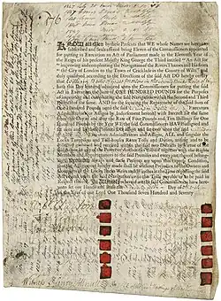 Regierungsanleihe über 100 £ zur Verbesserung und Vervollständigung der Schifffahrt auf den Flüssen Themse und Isis von der Stadt London bis zur Stadt Cricklade in der Grafschaft Wilts, ausgegeben am 25. März 1774, verzinst mit 4,5 % jährlich, gedruckt auf Pergament.