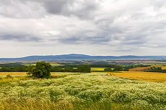 Blick von Norden über das Harzvorland auf den Harz, in der Mitte der Brocken