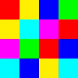 Identische Vergrößerung eines 4×4 Pixel großen Bildes (mittels Pixelwiederholung). Es werden neue Pixel dazugerechnet, die Farbe wird dabei nicht verändert.