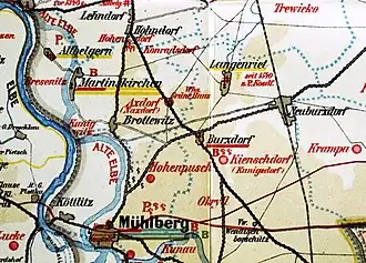 Mühlberg auf einer geschichtlichen Karte des Kreises Liebenwerda (1910).