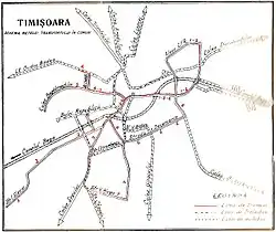 Netzplan aus Timișoara: Straßenbahn­linien durchgehend, Trolleybus­linien gestrichelt und Autobus­linien gepunktet
