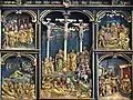 Hauptgeschoss des Retabels mit Kreuzigung und Leidensgeschichte Jesu.