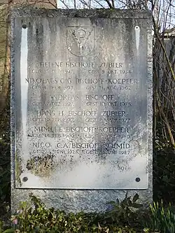 Nikolaus C. G. Bischoff-Koepfler (1893–1962) Redakteur des liberal-konservative Tageszeitung «Basler Nachrichten» Politiker, Oberstleutnant. Wilhelm Bischoff (1832–1913) Basler Regierungsrat, Oberst. Familiengrab: Bischoff-Zubler-Koepfer-Burckhard-Schmid-Rhyner. Wolfgottesacker in Basel