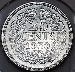 Niederländische 25 Cents von 1939 Avers und Revers, 1939