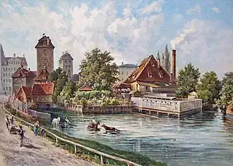 Die Nonnenmühle von Norden mit den beiden Wasserkünsten (links)