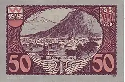 50-Heller-Schein mit einer Südansicht Wörgls. Im Vordergrund steht das Heizhaus, auch das geflügelte Eisenbahnrad ist wieder abgebildet