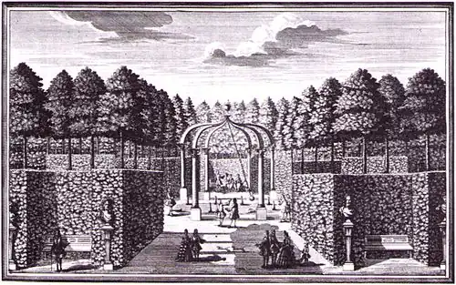 Kupferstich eines Säulengerüsts mit einer hängenden Kugel in der Mitte, das über Spielfiguren pendelt. Es steht zwischen rechteckigen Hecken und Wegen, auf denen Menschen gehen. Im Hintergrund sind geometrisch angelegte Bäume. Im Vordergrund stehen zwei Sitzbänke und Büsten auf Sockeln.