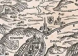 Der Kirchturm von Oberwinter­thur mit Helm auf der Kantons­karte von Jos Murer, 1566