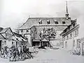 Das Kloster Oetenbach in Zürich. Bleistiftzeichnung von Johann Rudolf Rahn, 1868