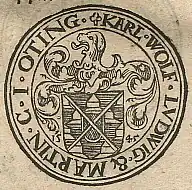 Münzrückseite aus dem 16. Jahr­hundert aus der Re­gier­ungs­zeit der Grafen Karl Wolfgang und Ludwig XV. zu Oettingen und Martin zu Oettingen-Flochberg
