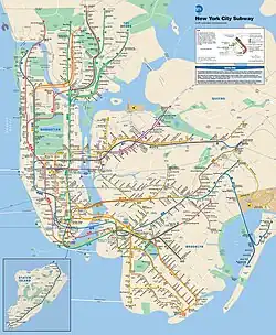 Offizieller Netzplan der New York City Subway (2013) mit pseudotopografischer Darstellung mit vergrößerter Darstellung von Manhattan