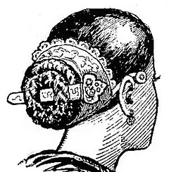 Zeichnung einer Haartracht mit Tugendpfeil und besticktem Band statt Mützchen. Zeichnung von Anton Hürter 1902.