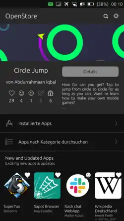 screenshot auf dem der Openstore von Ubuntutouch zu sehen ist. Im oberen Bereich wird groß eine App präsentiert darunter kann man installierte Apps ansehen, in der nächsten Zeile kann man Apps nach Kategorien suchen und in der unteren großen Zeile werden neue Apps oder Apps die gerade aktualisiert wurden präsentiert.