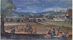 Die Kirche auf einem Gemälde über den Markt Ortenburg des Grafen Friedrich Casimirs aus dem Jahre 1620.