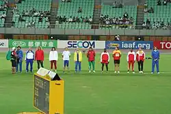 Die Diskuswurf-Finalteilnehmerinnen bei ihrer Präsentation vor dem Wettkampf