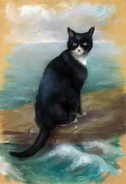 Abgebildet ist das gemalte Porträt einer Katze. Die Katze ist von hinten gezeichnet, wobei sie ihren Kopf dem Betrachter entgegenstreckt.