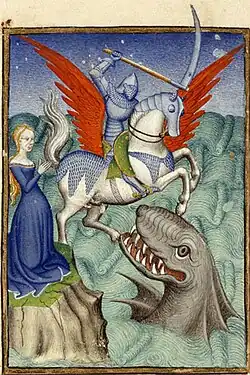 Auf Pegasus reitender Ritter Perseus schlägt das Ketos, 15. Jahrhundert