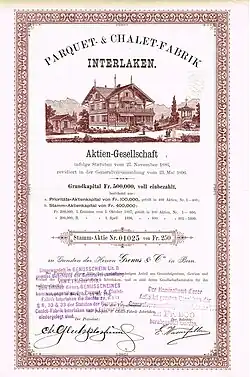 Stammaktie der Parquet- & Chalet-Fabrik Interlaken vom 23. Mai 1896