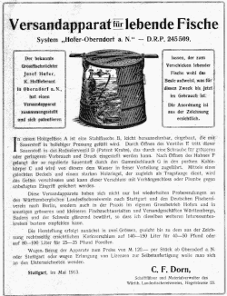 Werbeblatt für den patentierten „Versandapparat für lebende Fische - System Hofer Oberndorf a.N.“ von 1912