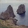 Die Faraglioni-Klippen bei Capri (1913, Öl auf Leinwand, etwa 60 × 60 cm), mehrfaches Motiv