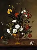 Strauß mit weißen und roten Rosen und Nelken und gelber Iris in einer Metallvase und eine Glasschale mit Ringelblume (Teil eines Paares), signiert und datiert 1663, Öl auf Leinwand, 77 × 58 cm, Prado, Madrid