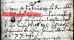 Todeseintrag im Kirchenbuch von Görzke vom 4. Februarjul. / 14. Februar 1679greg.