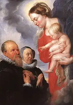 Pierre Paul Rubens, Jungfrau mit Kind und Porträts der Auftraggeber Alexander I Goubau und seiner Frau Anna Antoni (um 1604), Öl auf Holz.
