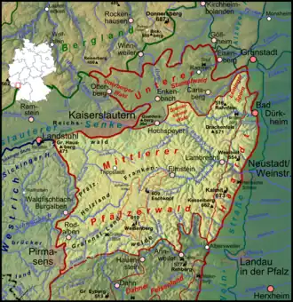 Lage des Mittleren Pfälzerwalds (aufgehellt) im Pfälzerwald