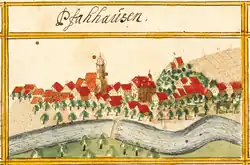 Alte Ansicht des Pfarrdorfes Pfauhausen von Andreas Kieser mit Kirche und Schloss der Herren von Wernau (1683)