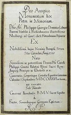 Epitaphinschrift Johann Philipp Georg Dominikus Vöhlin von Frickenhausen, aus dem Thesaurus Palatinus