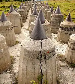 Höckerlinie (hier: einbetonierte Holzpfähle mit Metallspitze) auf dem Plamort oberhalb des Reschenpasses an der italienisch-österreichischen Grenze