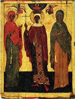 Die Heiligen Paraskeva Pyatnitsa, Barbara, Juliana; Ende des 14. Jahrhunderts