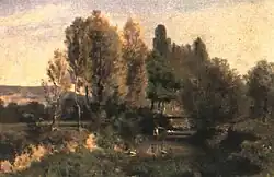 Zeitgenössische Haus bzw. Hütte umrahmt von Bäumen und Sträuchern und Feldern herum sowie einen tristen bis grauen Himmel am Horizont