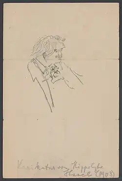 Eine vergilbte Seite mit einer Bleistiftzeichnung eines Mannes, der den Kopf nachdenklich auf seiner Hand abstützt.