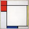 Piet Mondrian: Komposition mit Rot, Gelb und Blau, 1927. Hier liegt die Sonderform des Qualitätskontrastes vor: der Bunt-Unbunt-Kontrast.