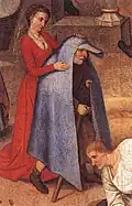 Die Frau hängt dem Mann einen blauen Mantel um, d. h. sie betrügt ihn. (Bruegel: Niederländische Sprichwörter, Ausschnitt)