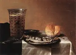 Pieter Claesz. Stillleben mit Hering, Bierglas und Brötchen, 1636, Öl auf Holz, 36 × 49 cm, Museum Boijmans Van Beuningen, Rotterdam