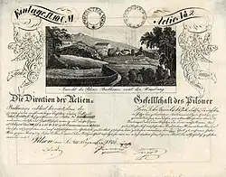 Aktie der Actien-Gesellschaft des Pilsner Badhauses über 10 Gulden C.M., ausgegeben am 6. Dezember 1834 in Pilsen. Das auf der Aktie abgebildete Kurhaus (heute Lochotín-Pavillon) mit Badebädern in beiden Flügeln und einem Gesellschaftssaal im Mittelteil, wurde auf Betreiben von Martin Kopecký errichtet, der von 1828 bis 1850 Bürgermeister von Pilsen war.