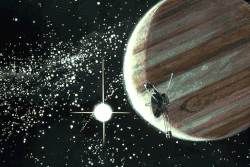 Künstlerische Ansicht: NASA-Raumsonde Pioneer 10 fliegt am Jupiter vorbei.