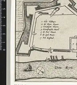 Stadtplan Orsoy 1631–32. Hier wird der Blaue Turm (3) als Gefängnisturm bezeichnet.