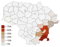 Grafische Karte Litauens mit farbig markierten Anteilen polnischsprachiger Bewohner in jeder Region, die von 5 % bis über 75 % gehen. Die größte Dichte liegt im Südosten.