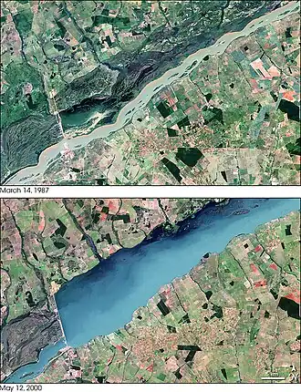 Satellitenbild vor und nach dem Einstau des Stausees
